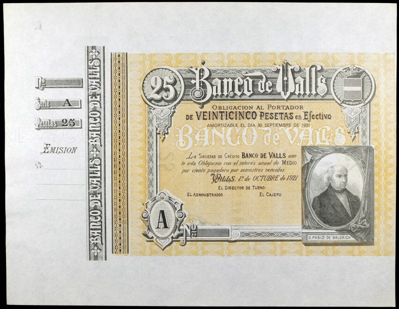 1921. Banco de Valls. Obligación de 25 pesetas. 1 de octubre, Pablo de Baldrich....