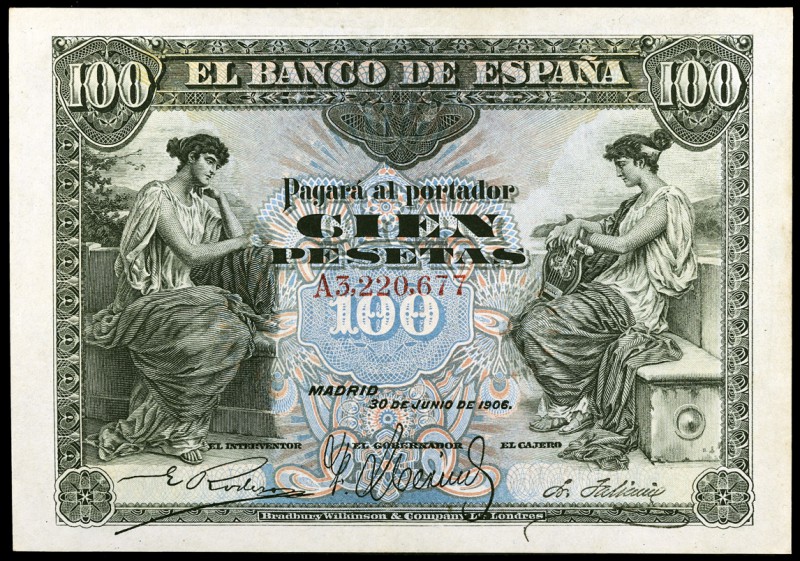 1906. 100 pesetas. (Ed. B97a). 30 de junio, serie A. Leve doblez. Escaso. EBC-.