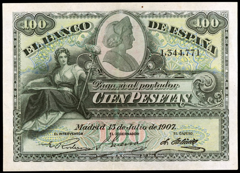 1907. 100 pesetas. (Ed. B104) (Ed. 320). 15 de julio. Doblez central. Manchita. ...