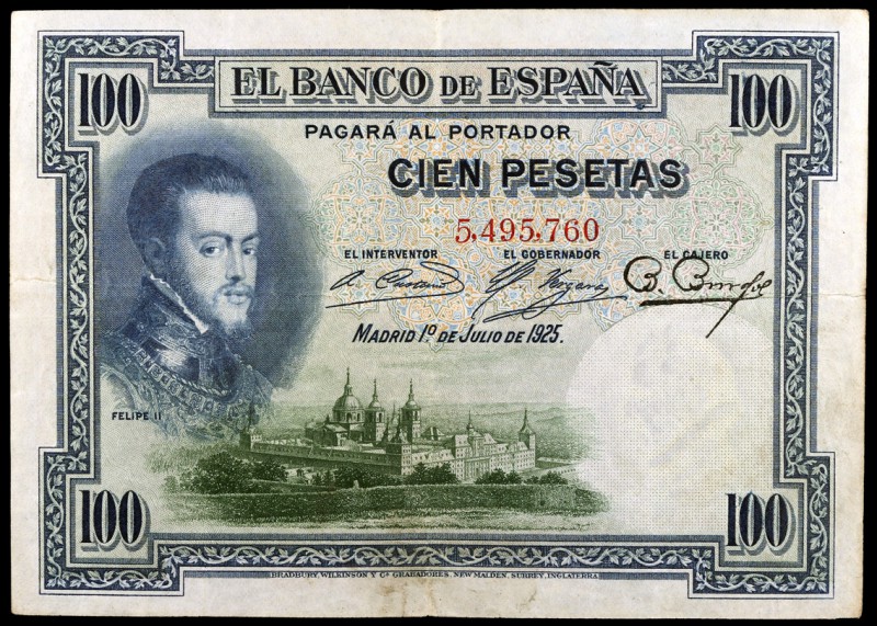 1925. 100 pesetas. (Ed. B107) (Ed. 323). 1 de julio, Felipe II. Sin serie y sin ...