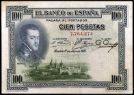 1925. 100 pesetas. (Ed. B107) (Ed. 323). 1 de julio, Felipe II. Sin serie y sin sello en seco. Manchitas. EBC-.