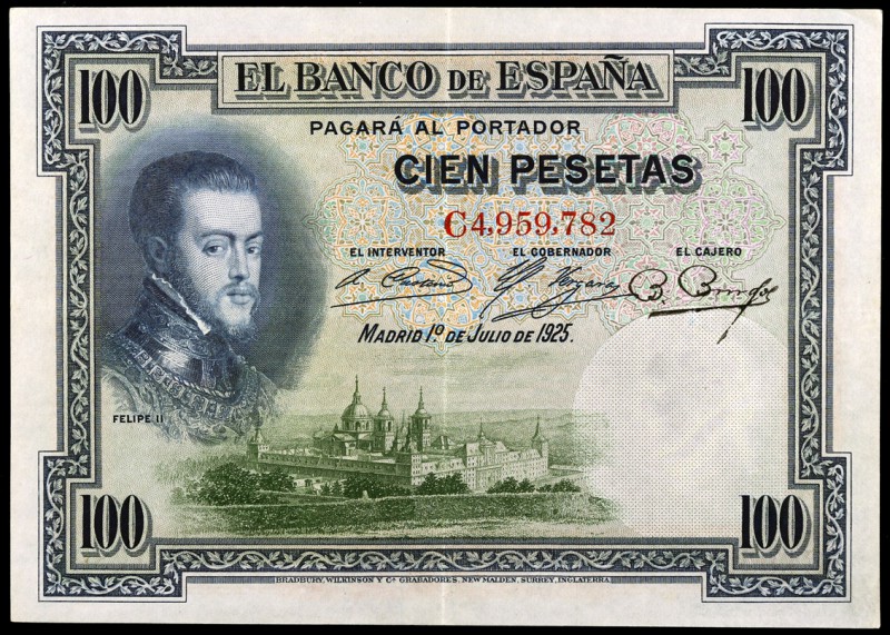 1925. 100 pesetas. (Ed. B107a) (Ed. 323a). 1 de julio, Felipe II. Serie C. MBC+.