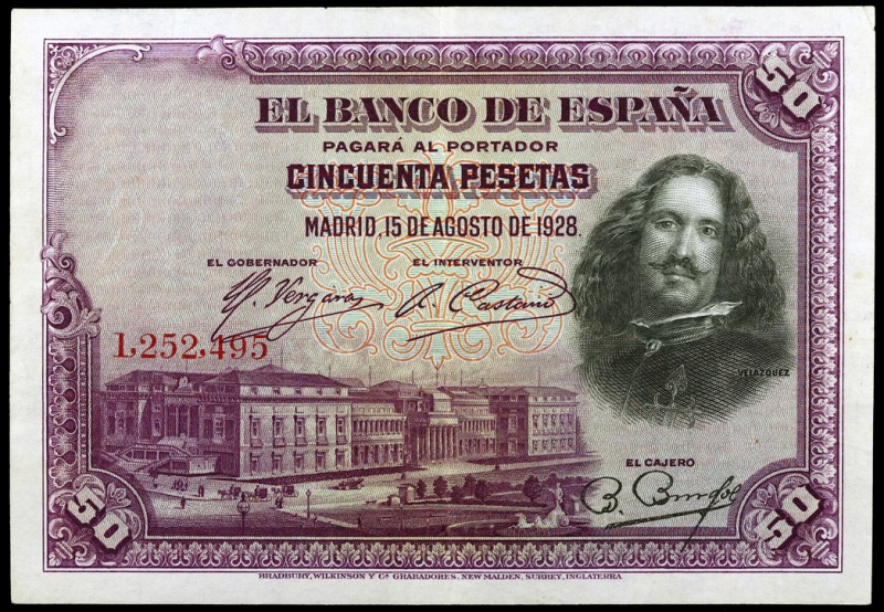 1928. 50 pesetas. (Ed. B113) (Ed. 329). 15 de agosto, Velázquez. Sin serie. MBC+...