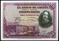 1928. 50 pesetas. (Ed. B113) (Ed. 329). 15 de agosto, Velázquez. Sin serie. MBC+.
