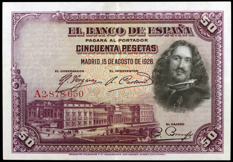 1928. 50 pesetas. (Ed. B113a) (Ed. 329a). 15 de agosto, Velázquez. Serie A. EBC....