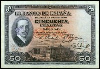 1927. 50 pesetas. (Ed. B115) (Ed. 332). 17 de mayo, Alfonso XIII. Sello tampón REPÚBLICA ESPAÑOLA en vertical. MBC-.