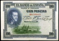 1925. 100 pesetas. (Ed. B127) (Ed. 344). 1 de julio, Felipe II. Serie B. Con sello en seco del Gobierno Provisional. MBC.