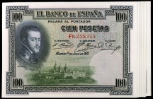 1925. 100 pesetas. (Ed. 350). 1 de julio, Felipe II. Lote de 35 billetes, serie F. Se incluyen parejas y tríos correlativos. EBC+/S/C-.