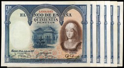 1927. 500 pesetas. (Ed. C3) (Ed. 352). 24 de julio, Isabel la Católica. Lote de 6 billetes. MBC+/EBC-.