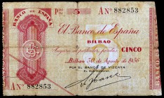 1936. Bilbao. 5 pesetas. (Ed. 368Aa). 30 de agosto. Serie A. Antefirma del Banco de Vizcaya. BC+.