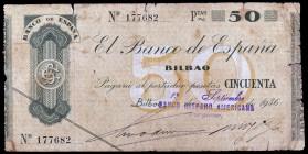 1936. Bilbao. 50 pesetas. (Ed. 370h). 1 de septiembre. Antefirma del Banco Hispano Americano. Leves roturas. BC+.