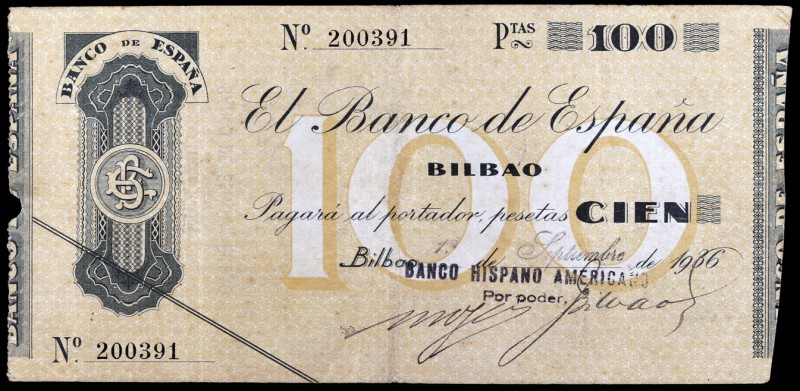 1936. Bilbao. 1000 pesetas. (Ed. 371k). 1 de septiembre. Antefirma del Banco His...