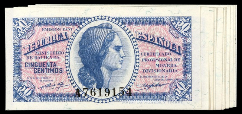 1937. 50 céntimos. (Ed. 391). Lote de 15 billetes, serie A. Se incluyen parejas ...