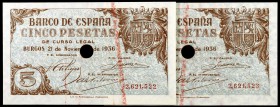 1936. Burgos. 5 pesetas. (Ed. D18n). 21 de noviembre. Pareja correlativa. Un taladro. Dos perforaciones de grapa. Raros. S/C-.