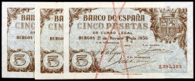 1936. Burgos. 5 pesetas. (Ed. D18n). 21 de noviembre. Trío correlativo. Un taladro. Dos perforaciones de grapa. Raros. EBC+.
