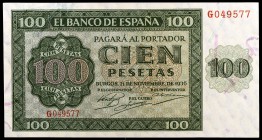 1936. Burgos. 100 pesetas. (Ed. D22a). 21 de noviembre, serie G. Leve doblez. EBC-.