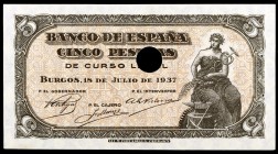 1937. Burgos. 5 pesetas. (Ed. D25n). 18 de julio. Serie C, sin numeración. Inutilizado con un taladro. S/C.
