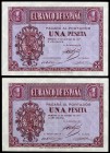 1937. Burgos. 1 peseta. (Ed. D26a) (Ed. 425a). 12 de octubre. Pareja correlativa, serie F, última serie. S/C.