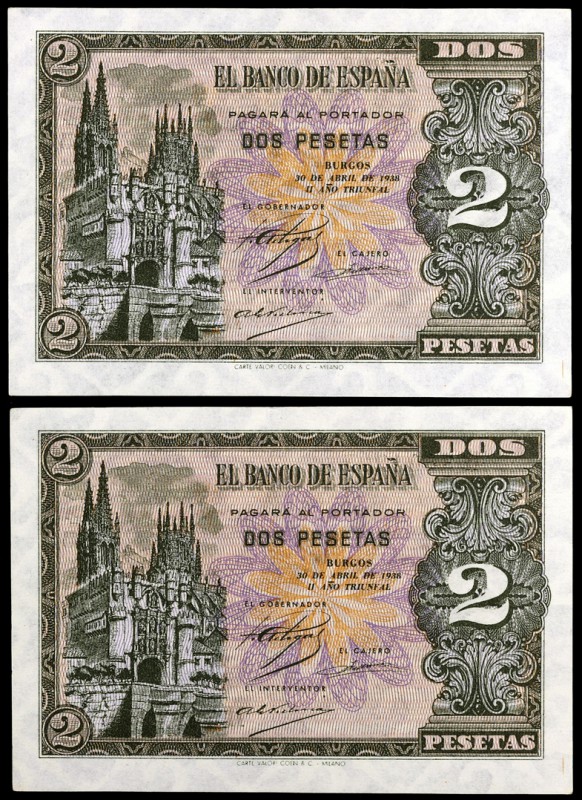 1938. Burgos. 2 pesetas. (Ed. 429a). 30 de abril. Pareja correlativa, serie H. S...