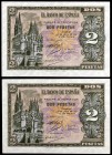 1938. Burgos. 2 pesetas. (Ed. 429a). 30 de abril. Pareja correlativa, serie H. S/C-.