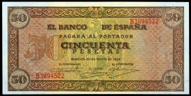 1938. Burgos. 50 pesetas. (Ed. D32a) (Ed. 431a). 20 de mayo. Serie B. Raro así. S/C.