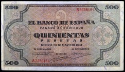 1938. Burgos. 500 pesetas. (Ed. D34) (Ed. 433). 20 de mayo. Leve doblez. Buen ejemplar, con apresto. Raro. EBC-.