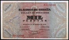 1938. Burgos. 1000 pesetas. (Ed. D35) (Ed. 434). 20 de mayo. Leve doblez. Buen ejemplar, con apresto. Raro. EBC-.