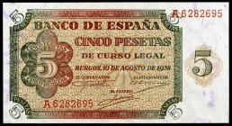 1938. Burgos. 5 pesetas. (Ed. D36) (Ed. 435). 10 de agosto. Serie A. S/C.
