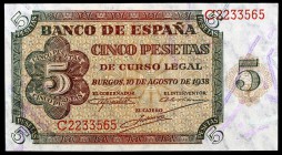 1938. Burgos. 5 pesetas. (Ed. 435a). 10 de agosto. Serie C. S/C-.
