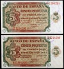 1938. Burgos. 5 pesetas. (Ed. D36a). 10 de agosto. Pareja correlativa, serie G. S/C-.