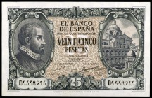 1940. 25 pesetas. (Ed. D37a). 9 de enero, Juan de Herrera. Serie D. Doblez central casi inapreciable. Escaso. EBC+.
