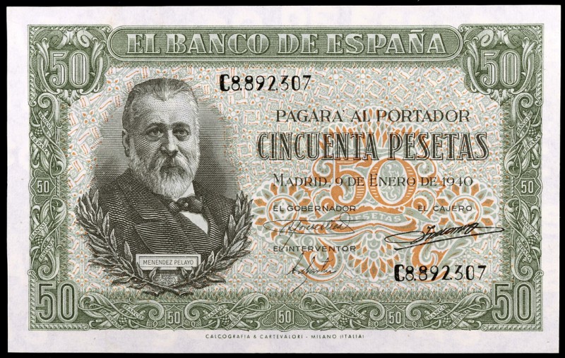 1940. 50 pesetas. (Ed. D38a). 9 de enero, Menéndez y Pelayo. Serie C. Leve doble...