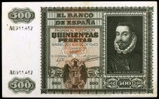 1940. 500 pesetas. (Ed. D40) (Ed. 439). 9 de enero. D. Juan de Austria. Leve doblez. Dos puntos de grapa. Raro. EBC-.