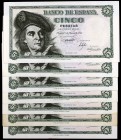 1948. 5 pesetas. (Ed. D56a). 5 de marzo, Elcano. 7 billetes, series F e I (seis). EBC/S/C-.