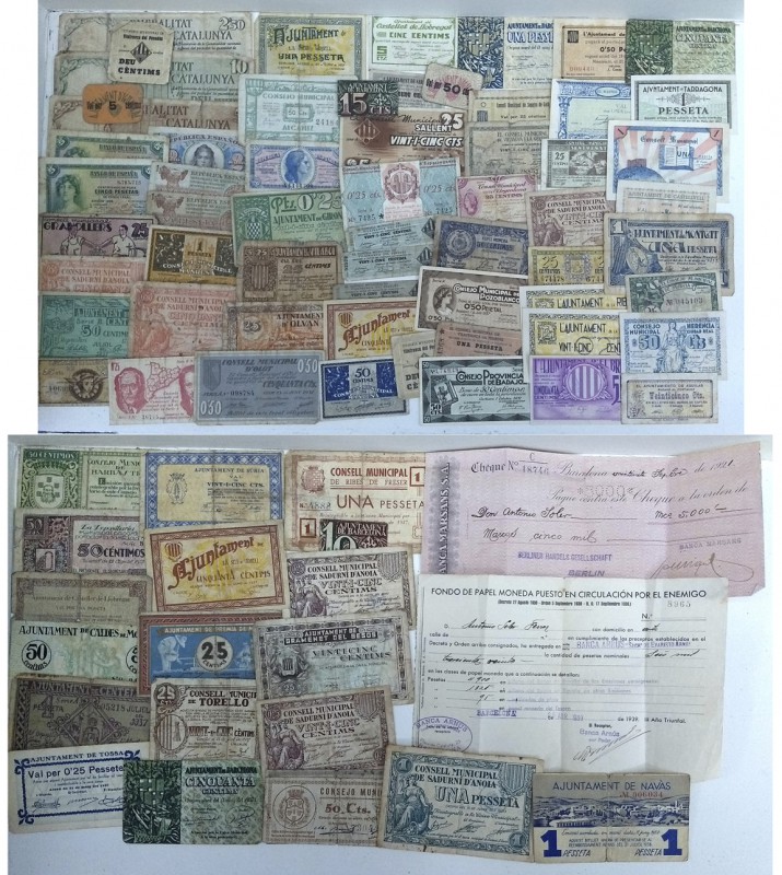 Lote de 80 billetes de la Guerra Civil. A examinar. BC-/MBC.