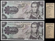 1981. Venezuela. Banco Central. CdMB. 10 bolívares. (Pick 60a) (Sucre 10H/199). 6 de octubre. Pareja correlativa, serie C de ocho dígitos. Billetes fi...