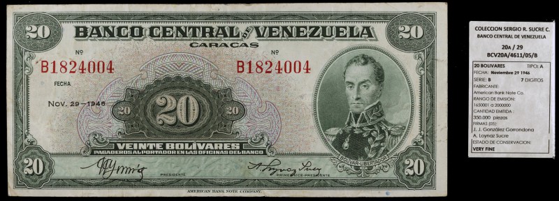 1946. Venezuela. Banco Central. ABNC. 20 bolívares. (Pick 32a) (Sucre 20A/29). 2...