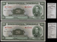 1955. Venezuela. Banco Central. ABNC. 20 bolívares. (Pick 32c) (Sucre 20C/63). 26 de mayo. Pareja correlativa, serie M de 6 dígitos. Esquinas algo red...