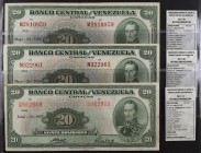 1956 y 1957. Venezuela. Banco Central. ABNC. 20 bolívares. (Pick 32c) (Sucre 20C). 3 billetes, fechas distintas. Series M de siete dígitos, y N y Q de...