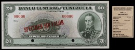 s/d (1941 y 1959). Venezuela. Banco Central. ABNC. 20 bolívares. (Pick 32s) (Sucre E20A/2). Prueba. SPECIMEN SIN VALOR en anverso y reverso. Numeració...