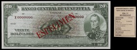 s/d (1960 y 1966). Venezuela. Banco Central. TDLR. 20 bolívares. (Pick 43S1) (Sucre E20D/17). Prueba. ESPECIMEN en anverso y reverso en rojo. Numeraci...
