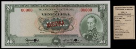 1972. Venezuela. Banco Central. ABNC. 20 bolívares. (Pick 52S) (Sucre E20F/26). 11 de abril. Prueba. MUESTRA en anverso y reverso. Numeración 00000. D...