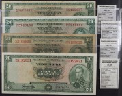 1970 a 1972. Venezuela. Banco Central. TDLR y ABNC. 20 bolívares. (Pick 46d, 52a y 52b) (Sucre 20E y 20F). 4 billetes, uno con cifras manuscritas. Fec...