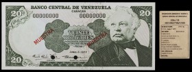 1977. Venezuela. Banco Central. ABNC. 20 bolívares. (Pick 53S2) (Sucre E20G/32). 7 de junio. Prueba. MUESTRA doble en anverso y reverso. Numeración 00...