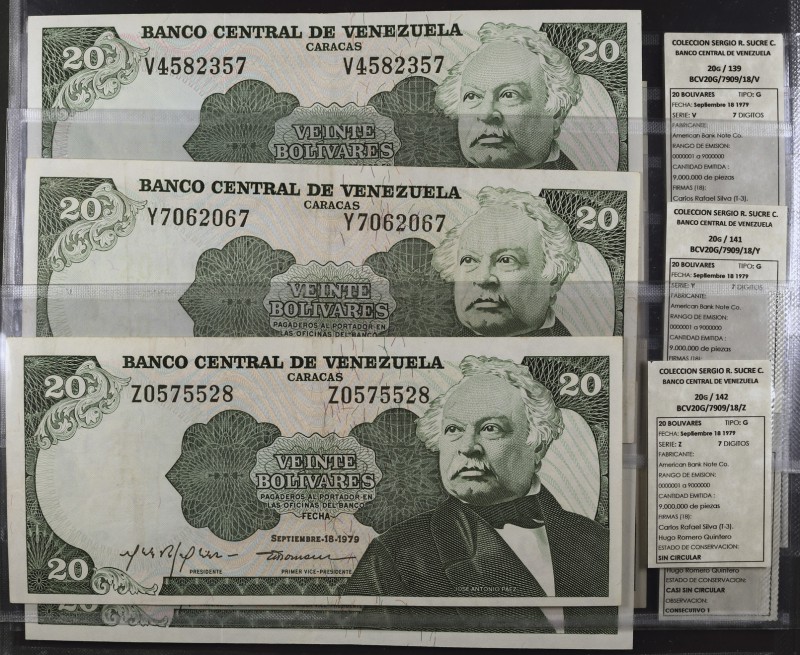 1974, 1977 y 1979. Venezuela. Banco Central. ABNC. 20 bolívares. (Pick 53) (Sucr...