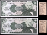 1981. Venezuela. Serie C de ocho dígitos.Banco Central. TDLR. 20 bolívares. (Pick 63a) (Sucre 20H/152). 6 de octubre. Pareja correlativa, serie E de o...