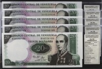 1987. Venezuela. Banco Central. ABTB. 20 bolívares. (Pick 71) (Sucre 20K). 5 billetes, dos parejas correlativas. Series A y B de ocho dígitos. S/C.