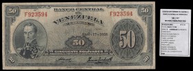 1958. Venezuela. Banco Central. ABNC. 50 bolívares. (Pick 33c) (Sucre 50c/47). 17 de abril. Serie F de 6 dígitos. BC+.