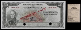 s/d (1961 y 1963). Venezuela. Banco Central. TDLR. 50 bolívares. (Pick 44S) (Sucre E50D/9). Prueba. ESPECIMEN SIN VALOR en anverso y reverso. Numeraci...