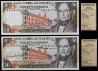 1995. Venezuela. Banco Central. TDLR. 50 bolívares. (Pick 65e) (Sucre 50J/142). 5 de junio. Pareja correlativa, serie S de ocho dígitos. Firmados a ma...